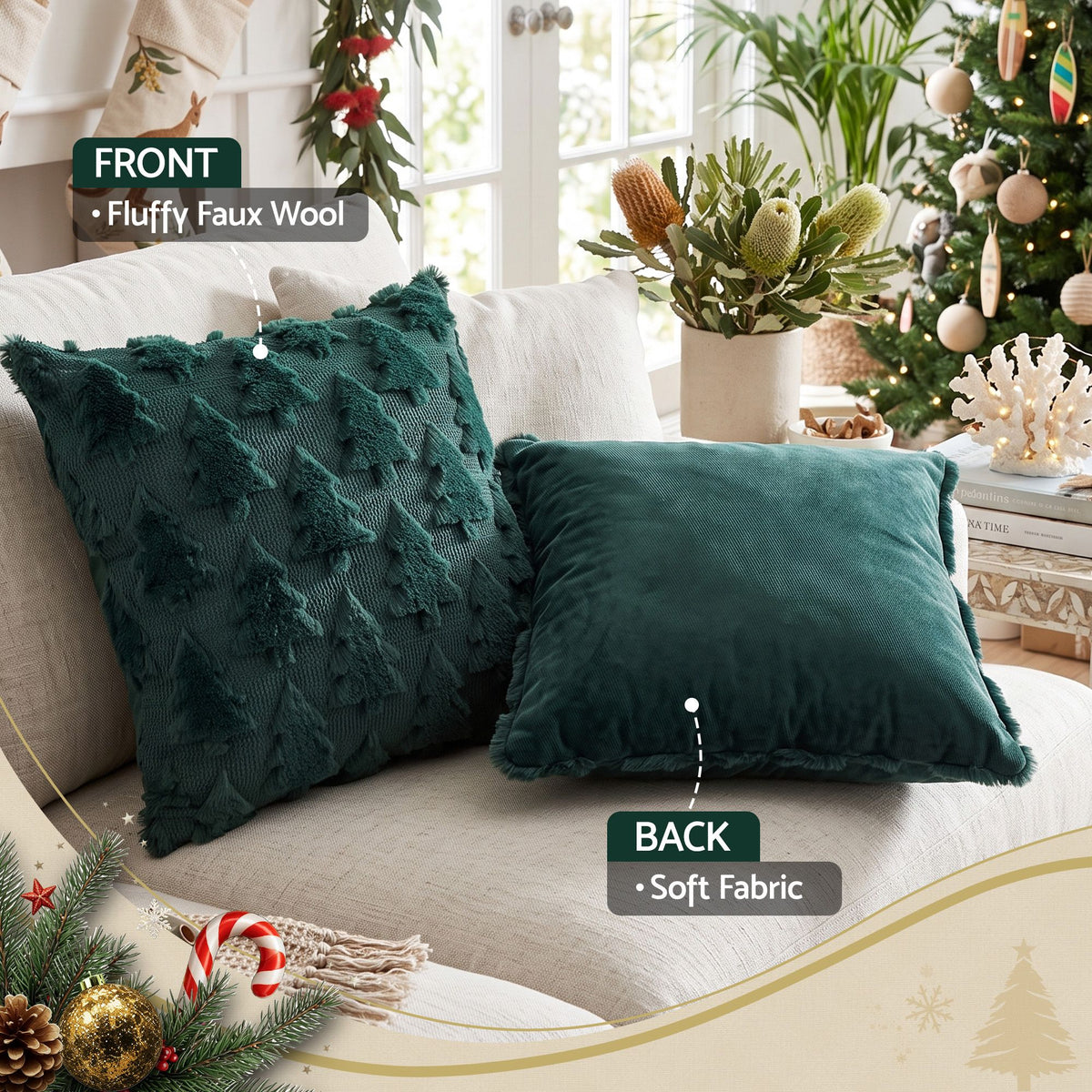 Jingle Jollys Christmas Tree Pillow 2 Packs Soft Fur Throw Green 45 x 45cm x