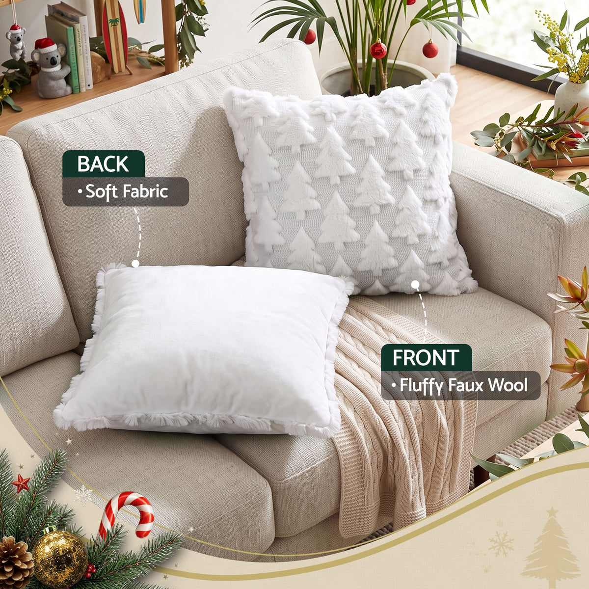 Jingle Jollys Christmas Tree Pillow 2 Packs Soft Fur Throw White 45 x 45cm x