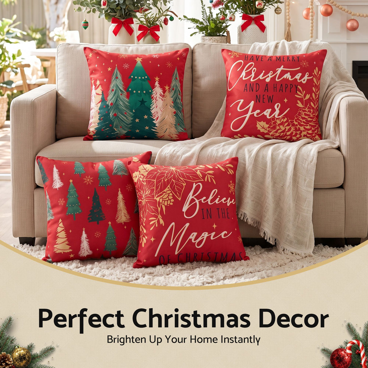 Jingle Jollys Christmas Cushion Covers Set of 45x45cm w/ Cute Patterns Red