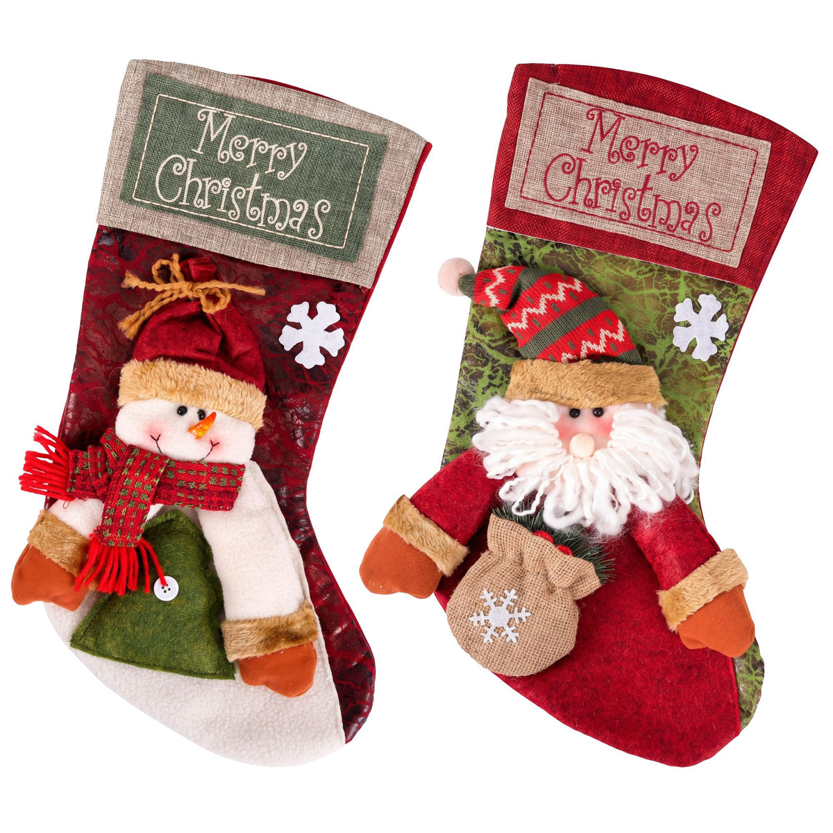 Jingle Jollys Christmas Stockings 2 pk Large 3D Plush Santa Snowman 43.5cm Decor