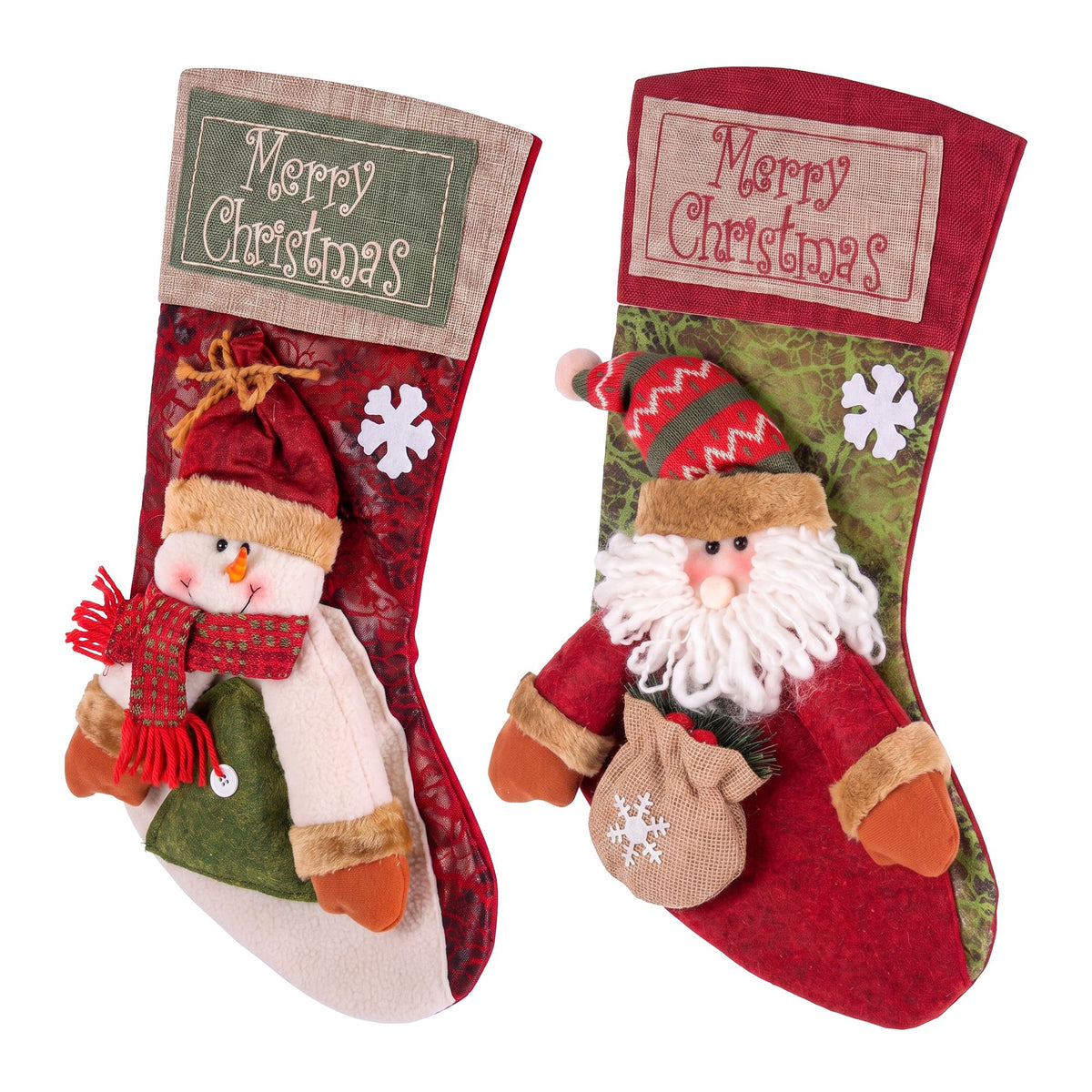 Jingle Jollys Christmas Stockings 2 pk Large 3D Plush Santa Snowman 43.5cm Decor