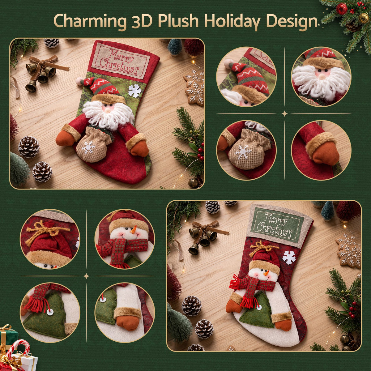 Jingle Jollys Christmas Stockings 2 pk Large 3D Plush Santa Snowman 43.5cm Decor