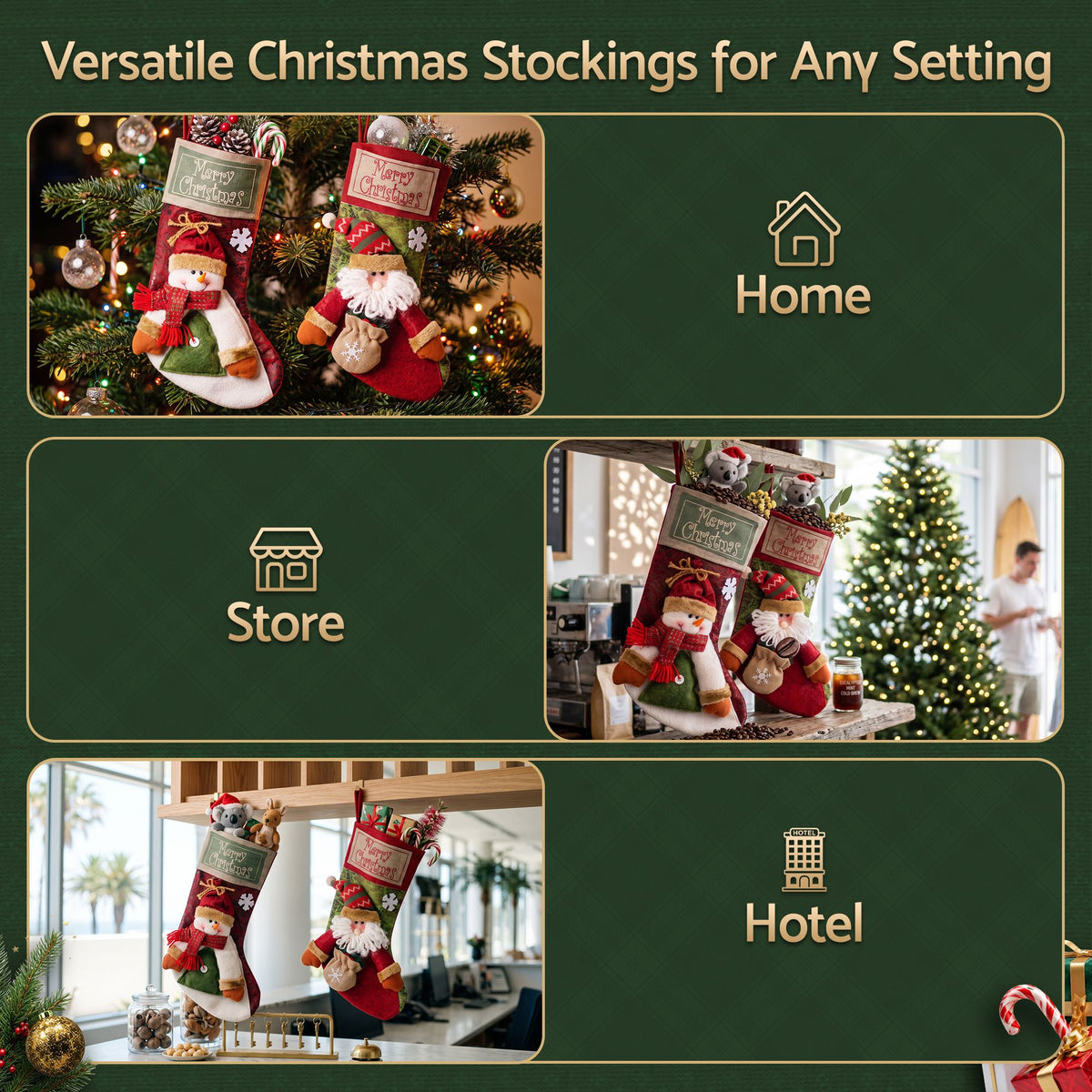 Jingle Jollys Christmas Stockings 2 pk Large 3D Plush Santa Snowman 43.5cm Decor