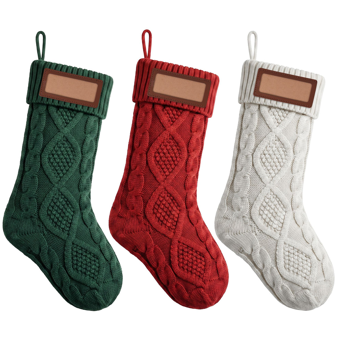 Jingle Jollys 3PCS Personalized Stockings w/ Leather Patches 16 Inch Displays