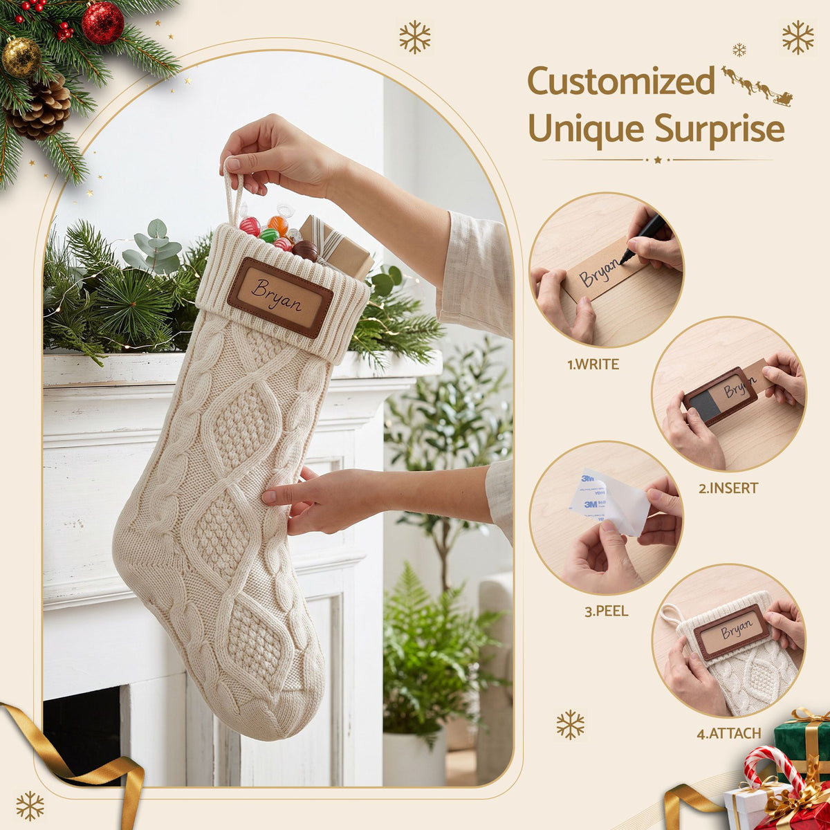 Jingle Jollys 3PCS Personalized Stockings w/ Leather Patches 16 Inch Displays