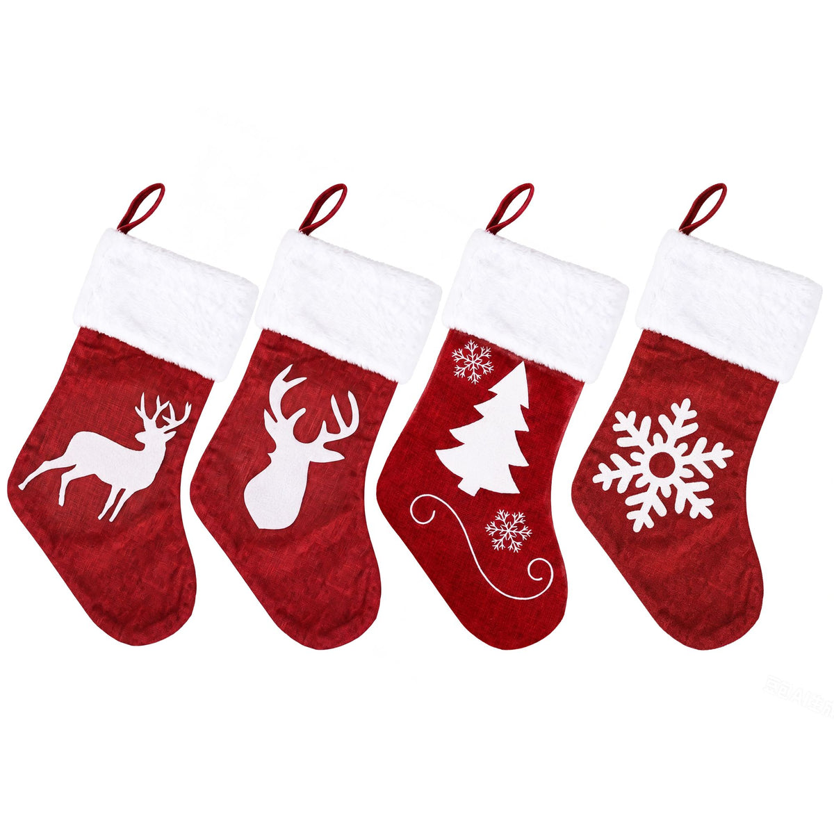 Jingle Jollys 4 pk Large Velvet Christmas Stockings 46.5cm Red White Decor Trees