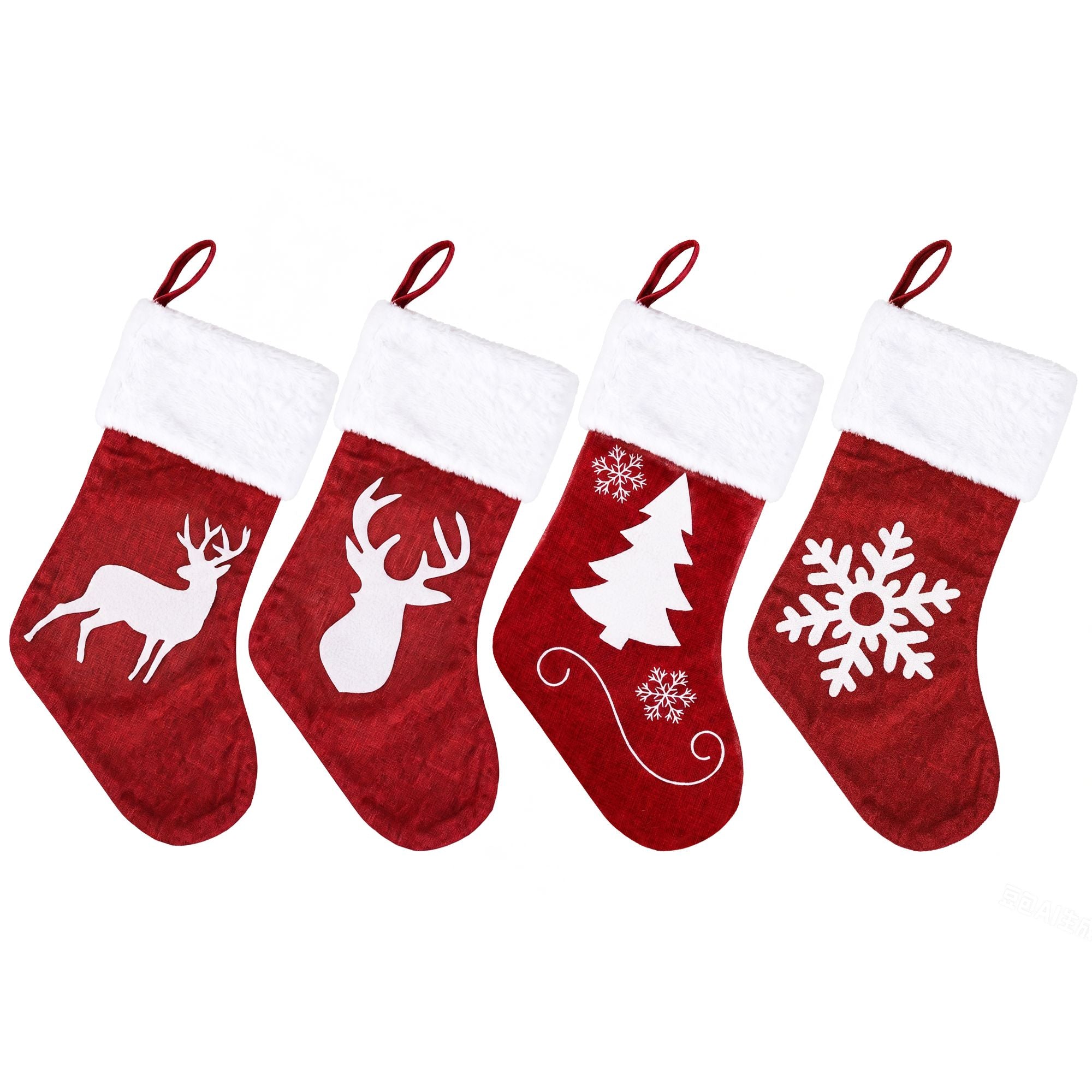 Jingle Jollys 4 pk Large Velvet Christmas Stockings 46.5cm Red White Decor Trees