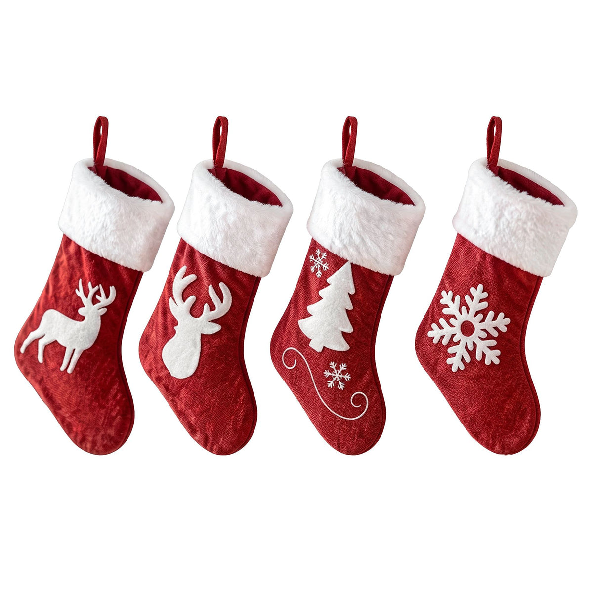 Jingle Jollys 4 pk Large Velvet Christmas Stockings 46.5cm Red White Decor Trees