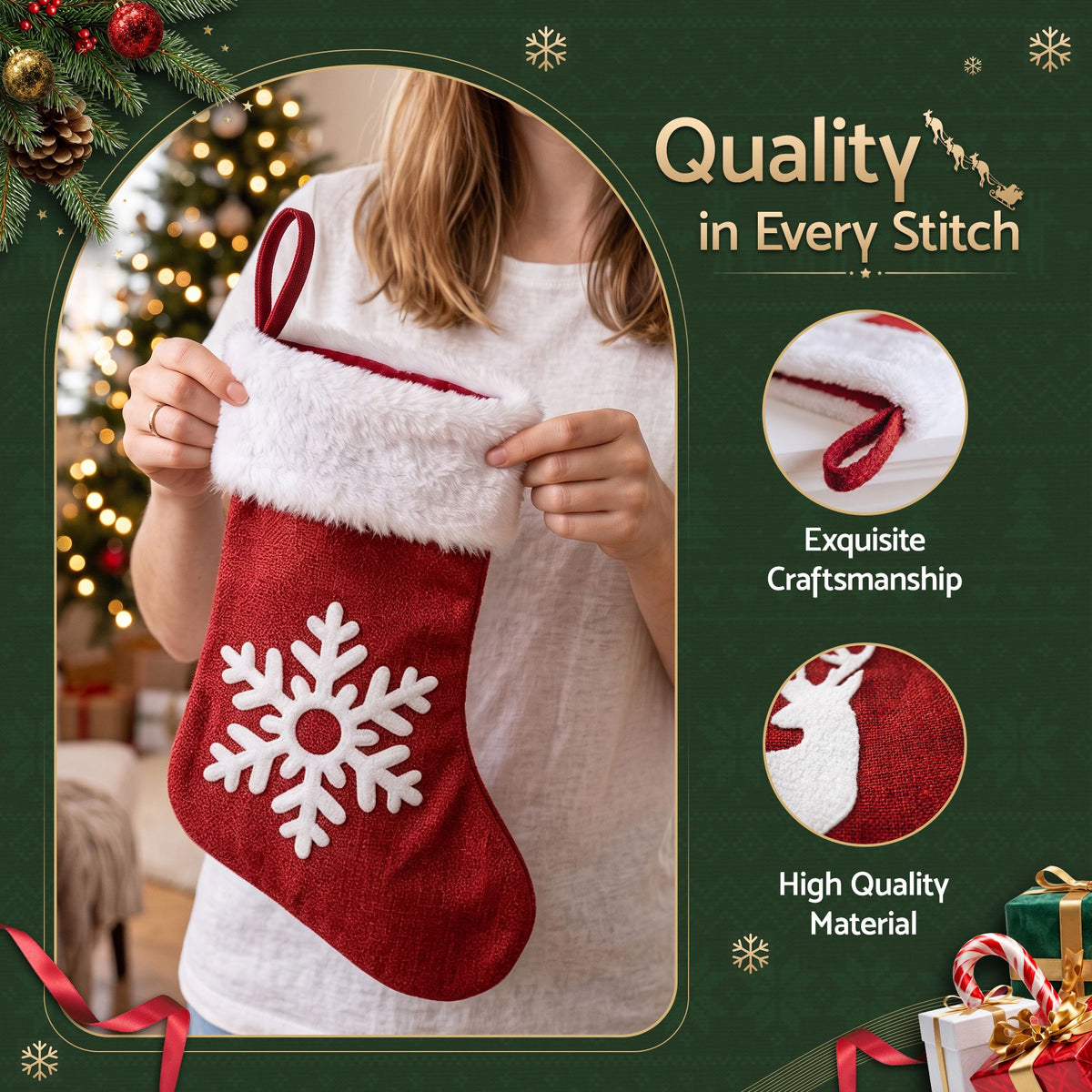 Jingle Jollys 4 pk Large Velvet Christmas Stockings 46.5cm Red White Decor Trees