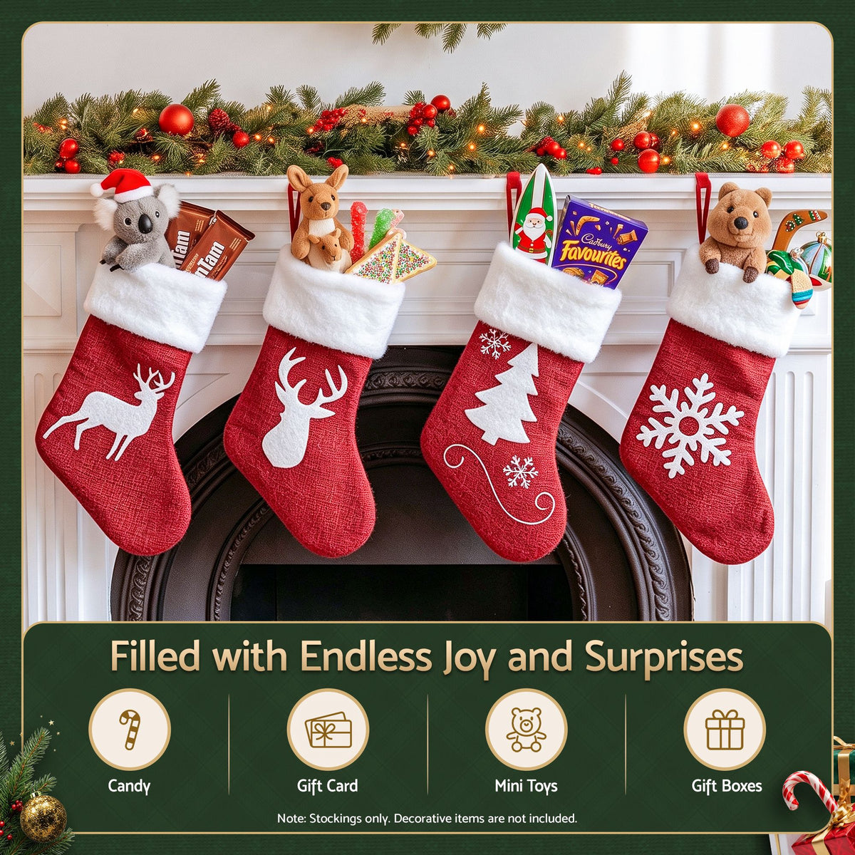 Jingle Jollys 4 pk Large Velvet Christmas Stockings 46.5cm Red White Decor Trees