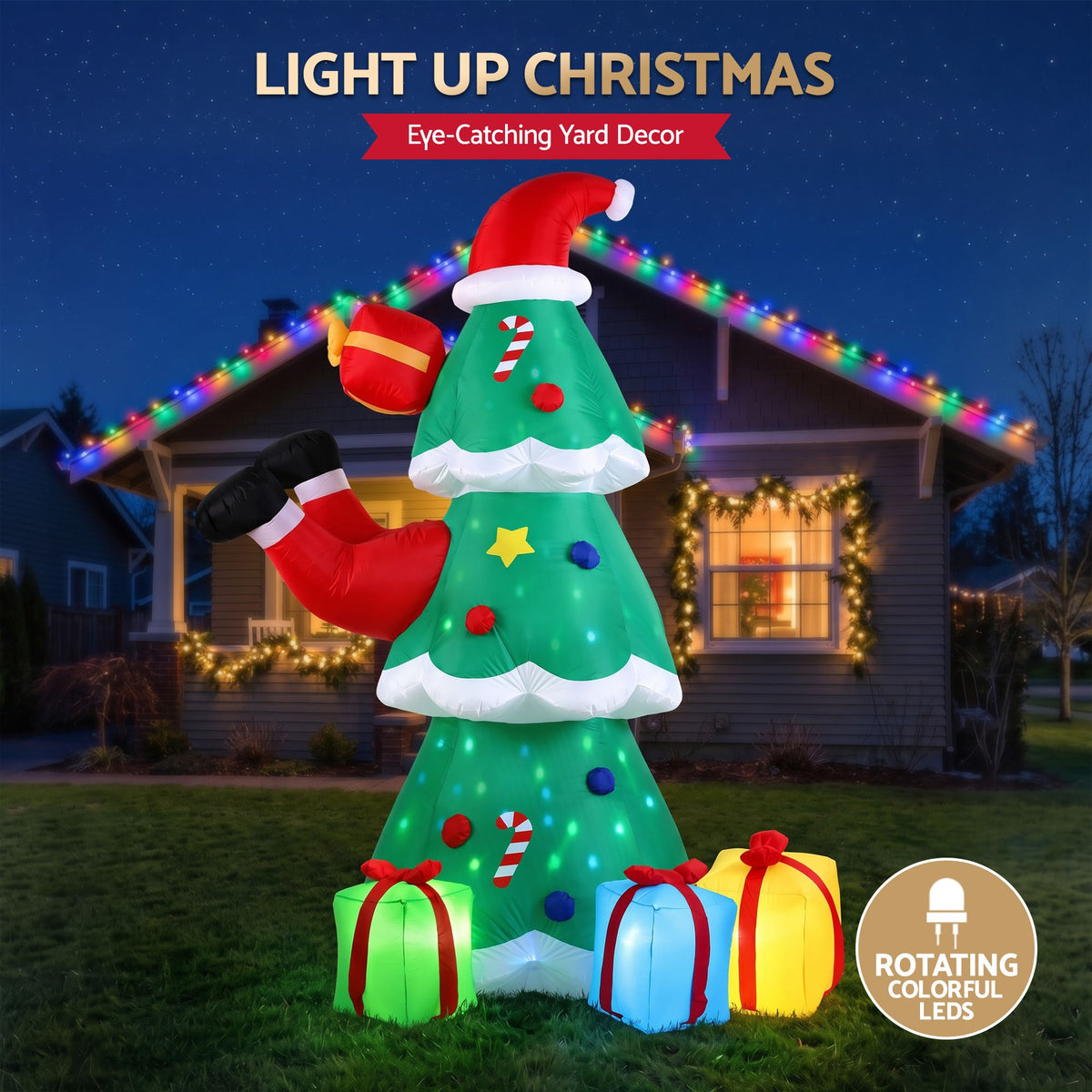 Jingle Jollys Christmas Inflatable Santa Tree 2.5M Height Flashing Light Decorations Illuminated