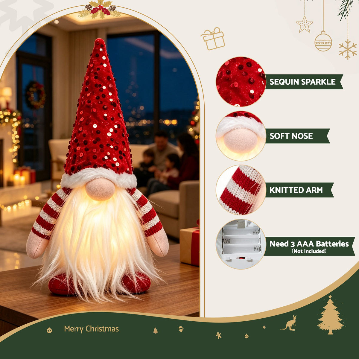 Jingle Jollys Christmas Gnomes Light Up Plush Goblin Set 3 Warm White