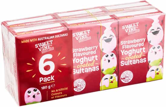 Sweet Vine Strawberry Flavoured Yoghurt Coated Sultanas 6 Pack (180 gs)